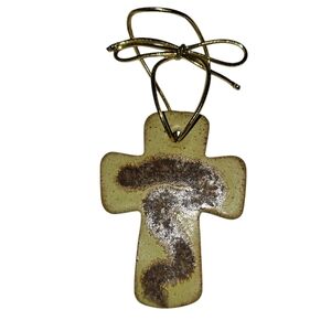Cross Green Brown Glazed  Pottery Christmas Ornament  Pendant 3" x 2 1/2"